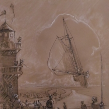 Flying by the lighthouse. 19.5x25.5. Pen, ink. 300