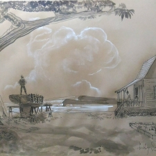Parked by the house.20x26. Pen ink wash on brown paper. 400