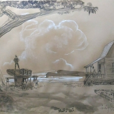 Parked by the house.20x26. Pen ink wash on brown paper. 400