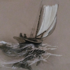 Sailing with a friend. 20 x 26. Charcoal, pen, ink on gray paper. 400