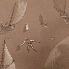 Rush hour. 20x26. Pen, ink, wash on gray paper. 600